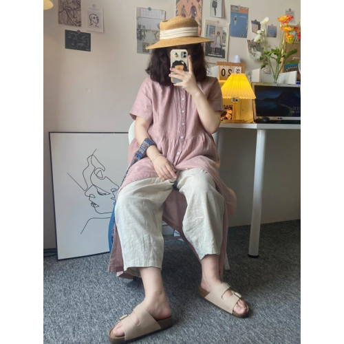 拾光者 日系亞麻muji風藕粉色連衣裙夏季寬松慵懶風中長款裙子女