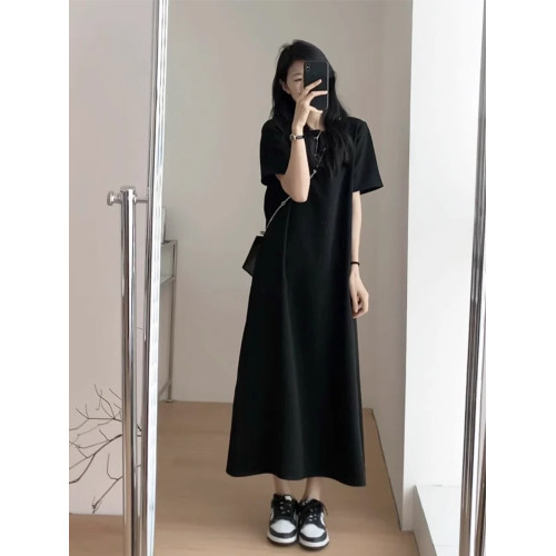 XZOXZO長裙夏季2025新款微胖穿搭梨形身材顯瘦赫本風黑色連衣裙女