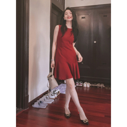XZOXZO2025年夏季法式紅色修身荷葉邊裙禮服女連衣裙赫本小紅裙子