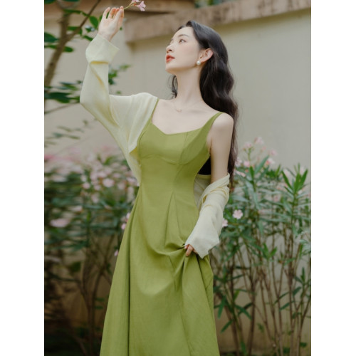 多巴胺絕美小裙子女夏日法式氣質綠色吊帶連衣裙海邊度假沙灘長裙