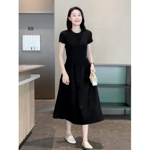 Mayya Plus短袖連衣裙女夏季新款黑色赫本風收腰顯瘦中長款A字裙