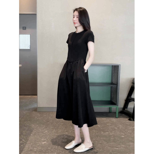 Mayya Plus短袖連衣裙女夏季新款黑色赫本風收腰顯瘦中長款A字裙