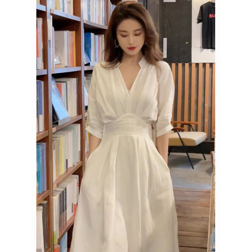 XZOXZO 韓系chic夏季法式輕熟風氣質V領高腰顯瘦時尚襯衫連衣裙女