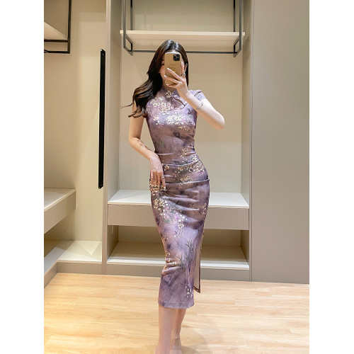 新中式國風紫色改良旗袍女夏新款氣質復古印花盤釦修身開叉連衣裙