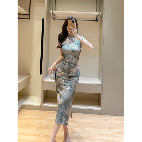 新中式國風紫色改良旗袍女夏新款氣質復古印花盤釦修身開叉連衣裙