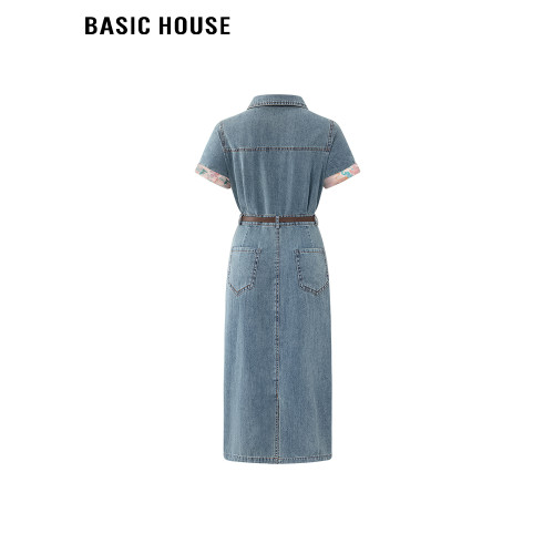 百家好/Basic House翻領拼接袖口腰帶款牛仔短袖連衣裙女復古長裙