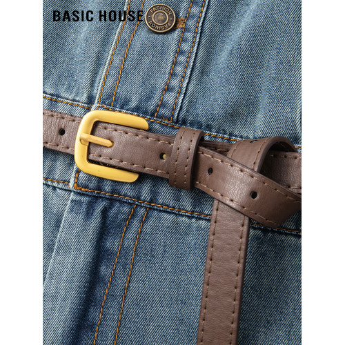 百家好/Basic House翻領拼接袖口腰帶款牛仔短袖連衣裙女復古長裙