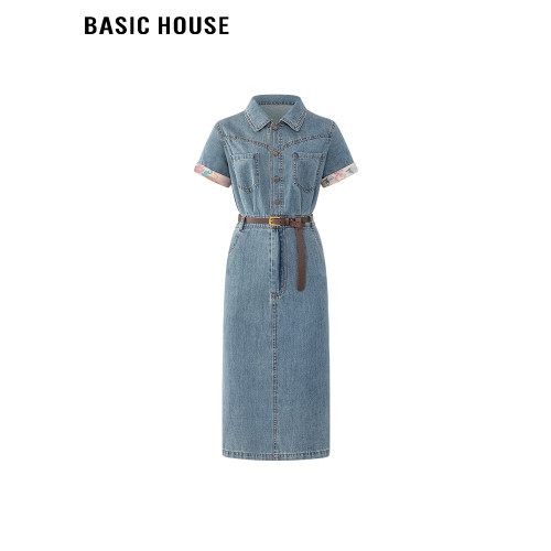百家好/Basic House翻領拼接袖口腰帶款牛仔短袖連衣裙女復古長裙