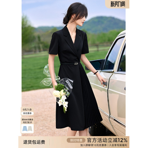 XWI訢未早秋通勤西裝連衣裙女夏季收腰顯瘦壓褶設計輕職場小黑裙