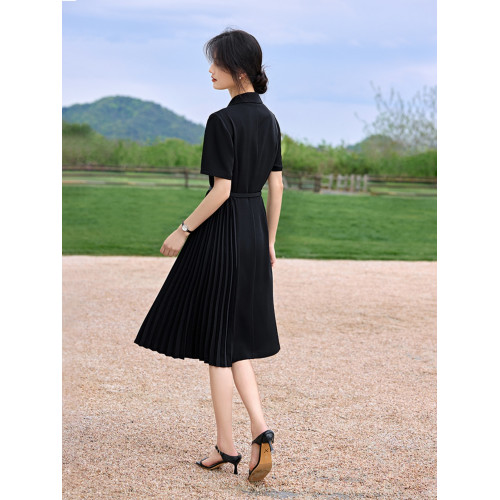 XWI訢未早秋通勤西裝連衣裙女夏季收腰顯瘦壓褶設計輕職場小黑裙