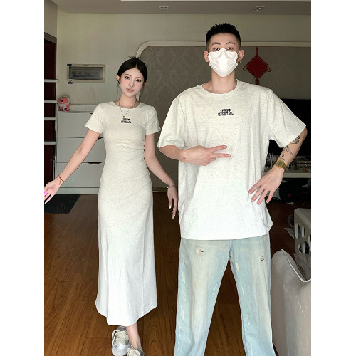 同色系情侶裝夏裝一裙一衣高級潮牌刺綉短袖女長裙男t恤2024新款
