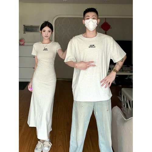 同色系情侶裝夏裝一裙一衣高級潮牌刺綉短袖女長裙男t恤2024新款