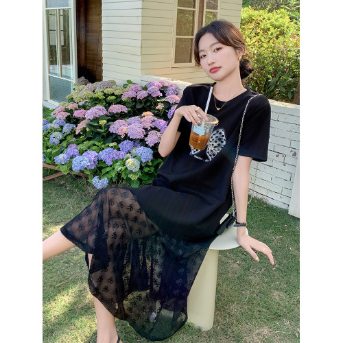 黑色大碼連衣裙女夏寬松胖mm顯瘦遮肚藏肉減齡拼接長款T恤魚尾裙