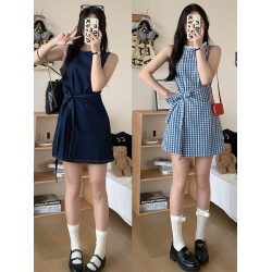 藍色格子無袖連衣裙女小個子夏季旅遊蝴蝶結短款背心裙a字短裙子