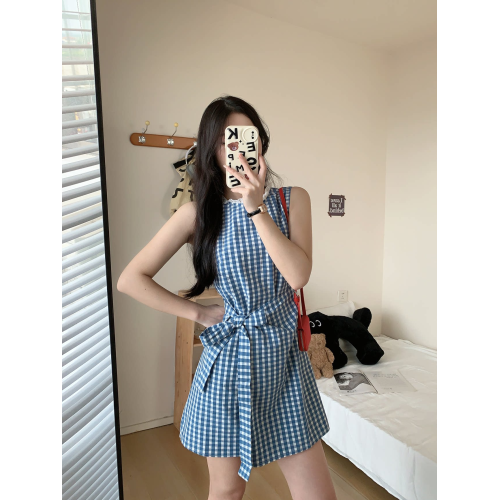 藍色格子無袖連衣裙女小個子夏季旅遊蝴蝶結短款背心裙a字短裙子