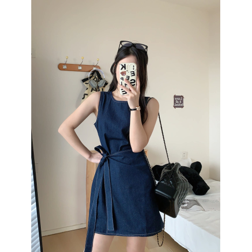 藍色格子無袖連衣裙女小個子夏季旅遊蝴蝶結短款背心裙a字短裙子