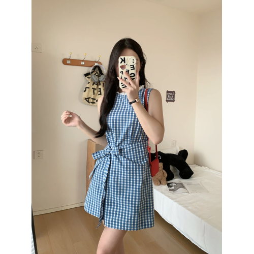 藍色格子無袖連衣裙女小個子夏季旅遊蝴蝶結短款背心裙a字短裙子