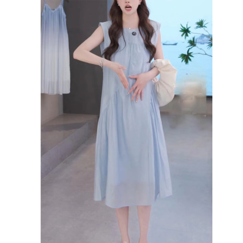 法式高級感藍色無袖天絲透氣連衣裙女夏新款小衆設計感氣質長裙子