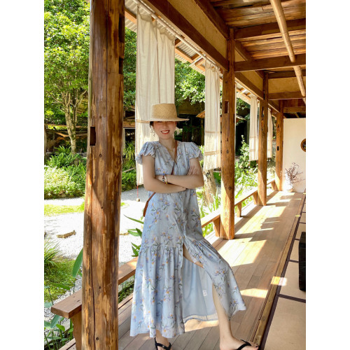 heidy海蒂 賽裡木湖 藍色V領碎花連衣裙2025新款夏季微皺雪紡長裙