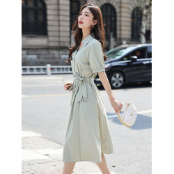 歐貨中長連衣裙女2025夏季新款赫本風法式氣質OL收腰顯瘦襯衫裙子