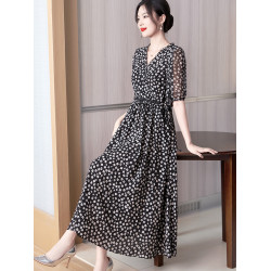 黑色碎花裙子夏季女裝長裙2025新款氣質高級收腰顯瘦桑蠶絲連衣裙