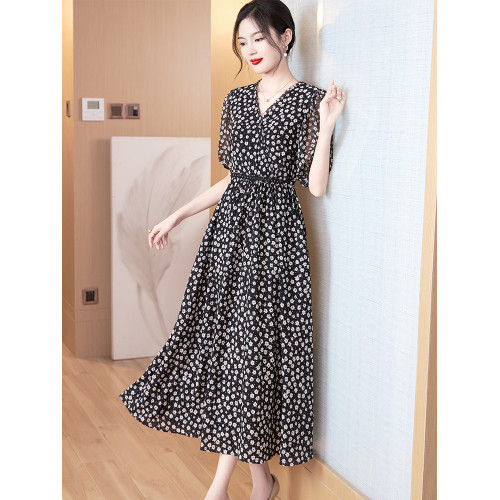 黑色碎花裙子夏季女裝長裙2025新款氣質高級收腰顯瘦桑蠶絲連衣裙