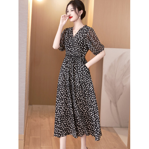 黑色碎花裙子夏季女裝長裙2025新款氣質高級收腰顯瘦桑蠶絲連衣裙