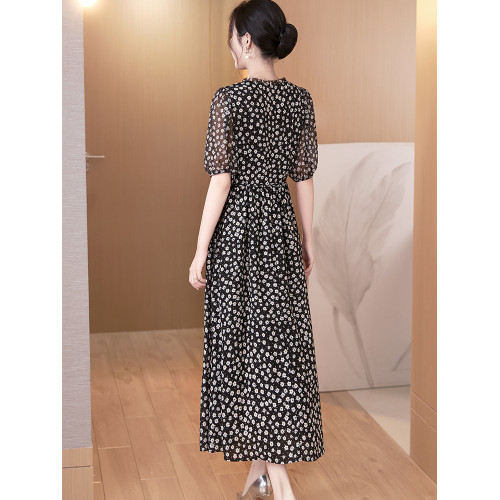 黑色碎花裙子夏季女裝長裙2025新款氣質高級收腰顯瘦桑蠶絲連衣裙