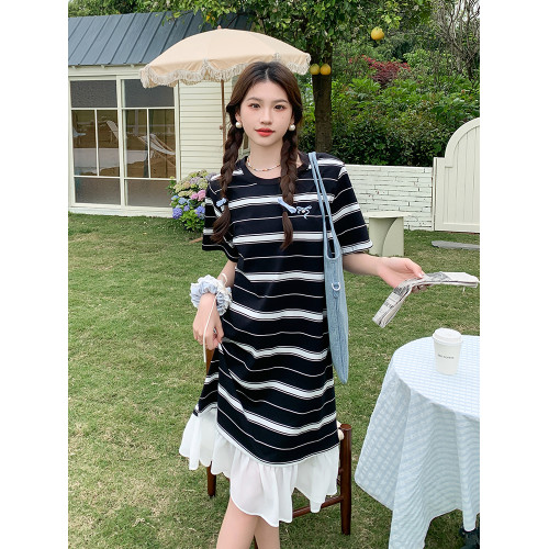 黑白條紋連衣裙女夏2025新款韓系休閒學院風減齡荷葉邊拼接T恤裙