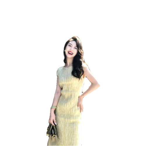 歐洲站2025新款法式顯瘦絕美長裙氣質高級感褶皺黃色連衣裙女夏季