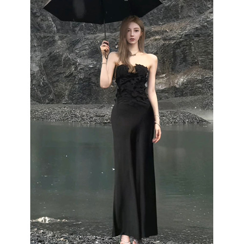 NANNI奈歐覔 黑色提花吊帶連衣裙性感裹胸長裙微透長款收腰裙子