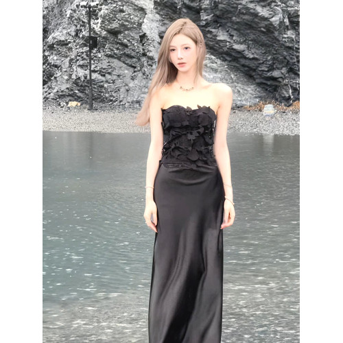 NANNI奈歐覔 黑色提花吊帶連衣裙性感裹胸長裙微透長款收腰裙子