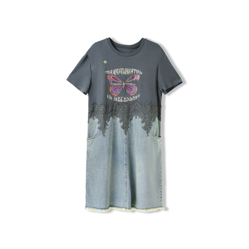 素木印花牛仔拼接連衣裙女夏季2025年新款歐貨裙子休閒大碼a字裙