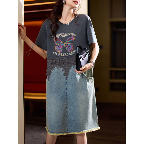 素木印花牛仔拼接連衣裙女夏季2025年新款歐貨裙子休閒大碼a字裙