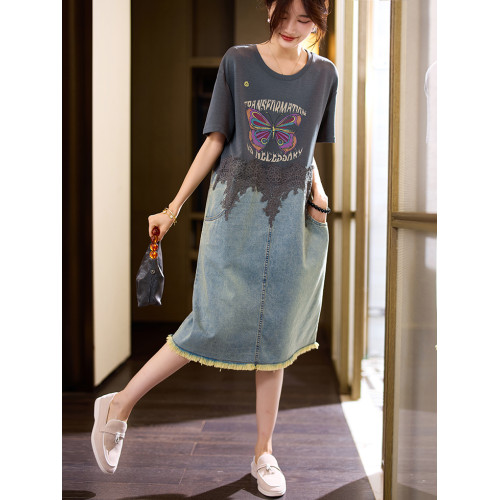 素木印花牛仔拼接連衣裙女夏季2025年新款歐貨裙子休閒大碼a字裙