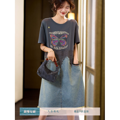 素木印花牛仔拼接連衣裙女夏季2025年新款歐貨裙子休閒大碼a字裙