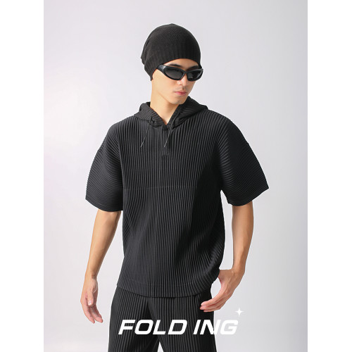 FOLDING 三宅風日系褶皺夏季寬松休閒套頭半袖連帽衛衣短袖男T恤