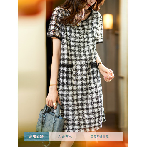 素木格子印花蕾絲連衣裙女夏季2025年新款氣質a字裙歐貨大碼裙子