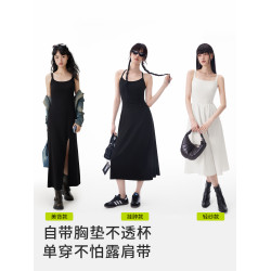 半練帶胸墊裙子吊帶裙白色連衣裙秋季流行長裙小個子黑色背心裙女