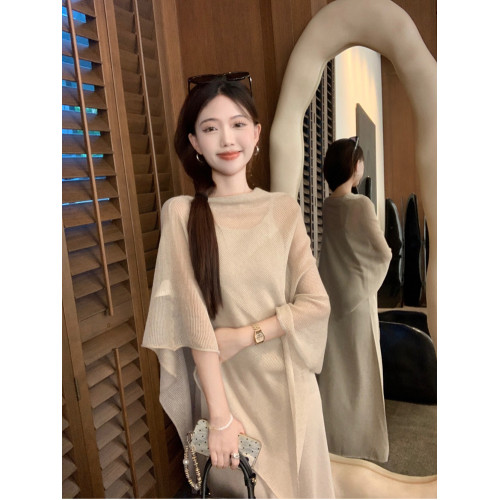 松弛感慵懶氣質休閒套裝女夏不規則防曬罩衫披肩吊帶連衣裙兩件套