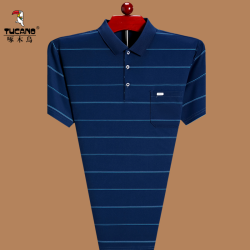 啄木鳥純棉短袖男t恤繙領爸爸裝polo衫真口袋半袖中老年條紋夏裝