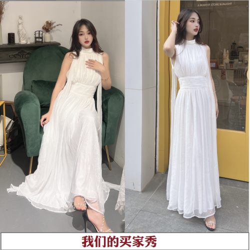 希臘女神裙高級感溫柔仙女裙白色連衣裙飄帶掛脖收腰度假長裙女夏