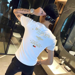 香港潮牌夏季男t恤高級上衣短袖男修身半袖緊身刺綉社會小夥體恤