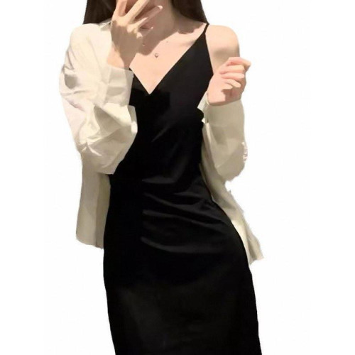 赫本法式聚會晚禮服連衣裙女裝夏季風小黑禦姐輕熟感吊帶裙子