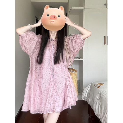 別致絕美氣質短裙女夏季2025新款小個子松弛感遮肉顯瘦粉色連衣裙