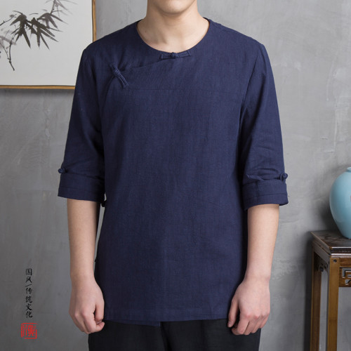 夏裝亞麻汗衫中是斜襟改良漢服棉麻禪服復古風七分袖茶服男T恤衫