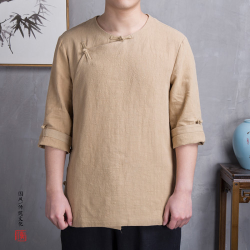 夏裝亞麻汗衫中是斜襟改良漢服棉麻禪服復古風七分袖茶服男T恤衫