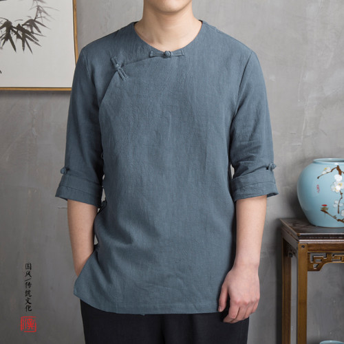夏裝亞麻汗衫中是斜襟改良漢服棉麻禪服復古風七分袖茶服男T恤衫