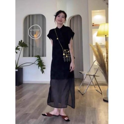 XZOXZO2025新款新中式黑色連衣裙女夏季驚豔拼接小衆設計顯瘦裙子