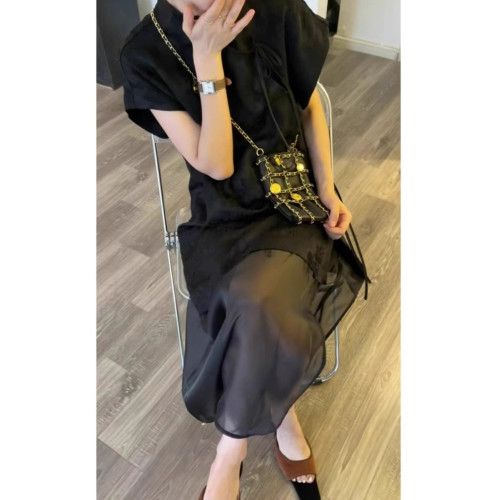 XZOXZO2025新款新中式黑色連衣裙女夏季驚豔拼接小衆設計顯瘦裙子